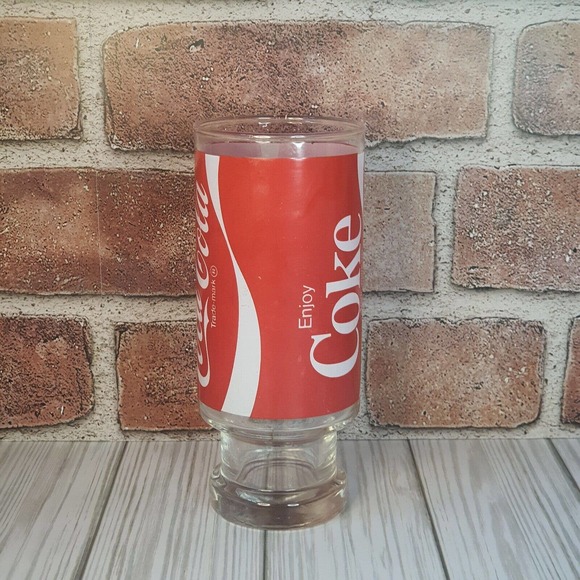 Vintage Enjoy Coke Coca-Cola Footed Pedestal Red White Tumbler Glass Cup 12 oz - Picture 3 of 7